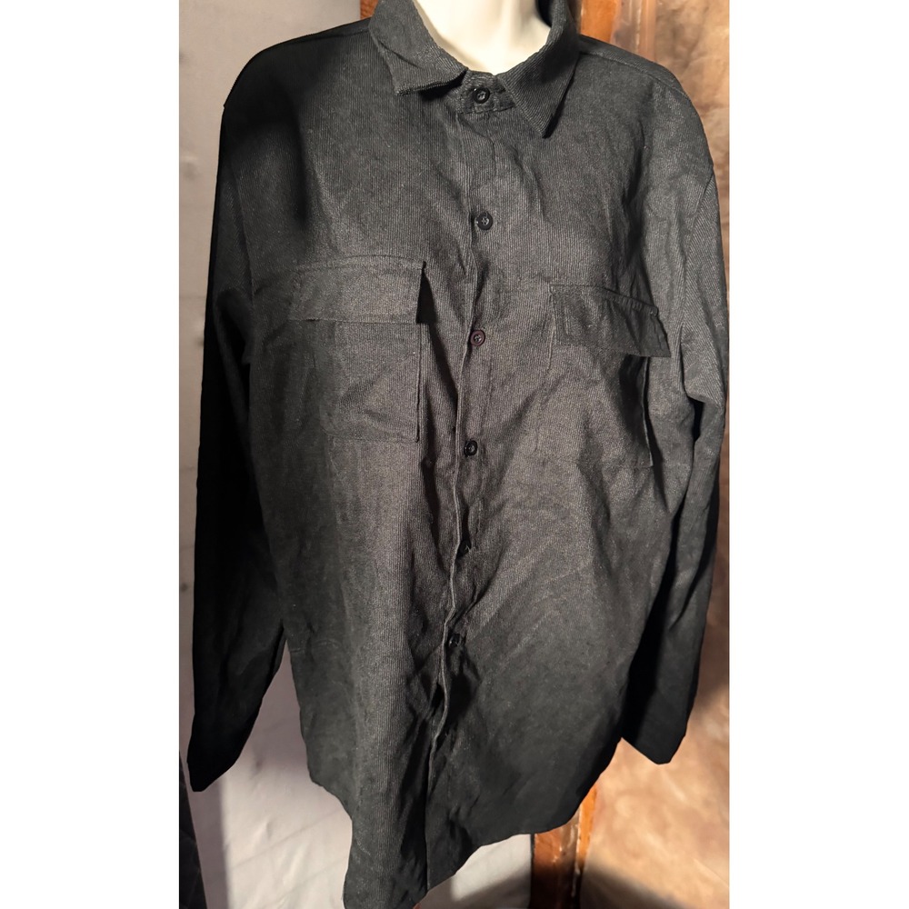 Manfinity Men Black Corduroy Button Down Shirt Long Sleeve Pockets L C116UW7PUG